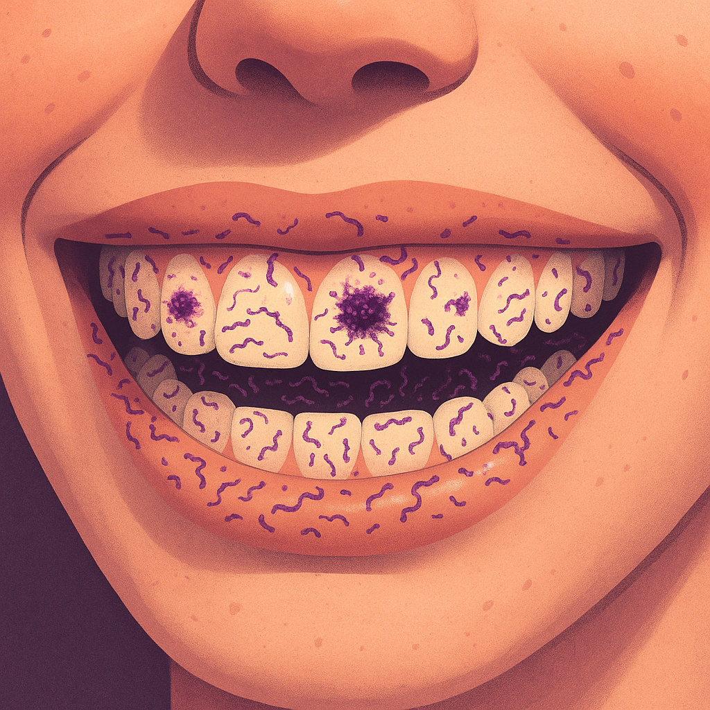 Close-up of human teeth colonized by Streptococcus mutans bacteria, illustrating oral biofilm formation between brushing.